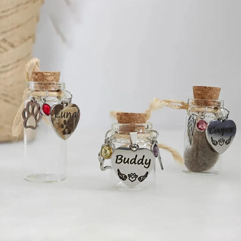 

Стеклянная бутылка с гравировкой по индивидуальному заказу, сувенир из шерсти домашних животных, подвеска «Любовь» на день рождения, можно наполнить с волосами домашних животных, зубами, пеплом