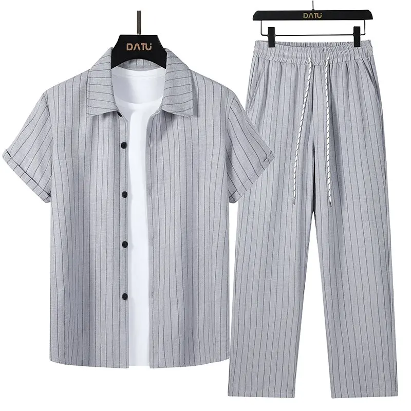 

New Summer Fashion Trendy Ice Silk Breathable Striped Short Sleeve Shirt Set Men's Casual Loose Sports Plus Size Two-Piece Set