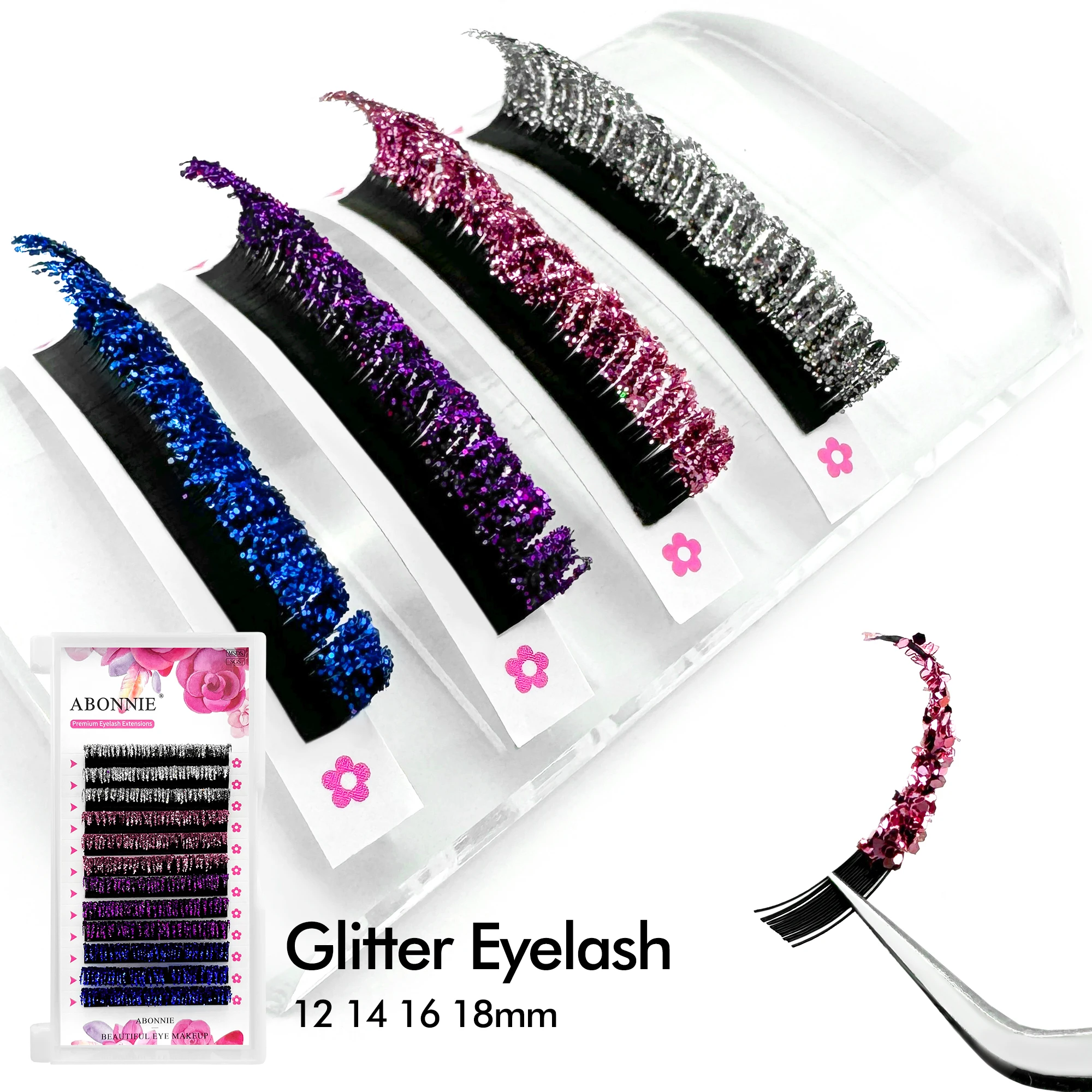 Abonnie Glitter Colorful Eyelash Extensions 12-18mm Silver Pink Purple Blue Shine Color Eye Lashes Faux Mink Cilios