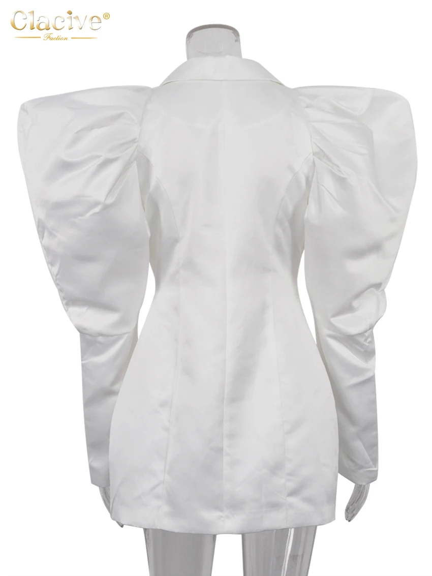 Clacive-女性のだぶだぶのベージュのサテンドレス、エレガントなラペル、パフスリーブ、ミニドレス、カジュアル、クラシック、シルキー、女性、ファッション、2024