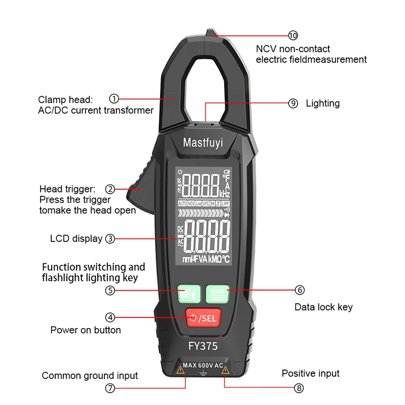 MASTFUYI pinza amperometrica digitale DC/AC corrente 9999 conteggi multimetro amperometro Tester di tensione auto Amp Hz capacità NCV Ohm Test