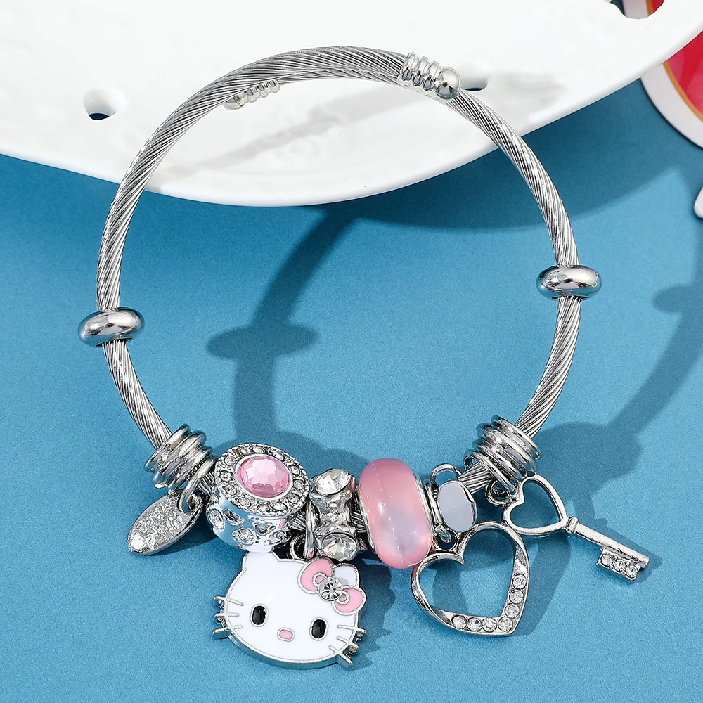 Sanrio KT Cat Bracelet for Women Pandora Bracelet Titanium Steel Jewelry Hello Kitty Kawaii Bracelet Gifts Girls Cartoon Jewelry