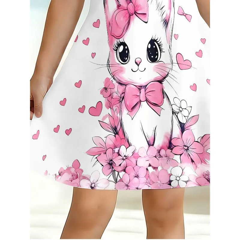 Niedliches Katzen- und Rosa-Herz-Motiv Bedrucktes T-Shirt-Kleid, Kinder-Tierliebhaber Blumen-Freizeitkleid Geeignet für Geburtstagsgeschenke – Detail 7