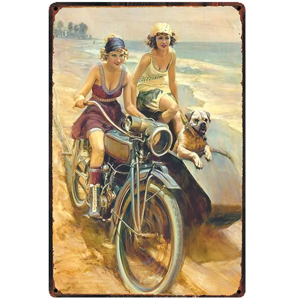 

Retro Design Beach Motorcycle Girl Tin Metal Signs Wall Art | Thick Tinplate Print Poster Wall Decoration for Garage