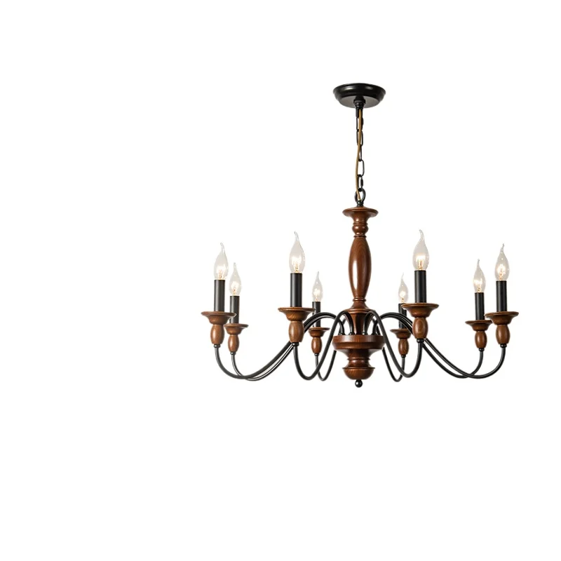 

French medieval wood art living room chandelier American retro candle dining room bedroom art lighting
