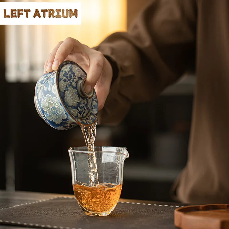 170ml Ru Kiln Blue And White Peony Gaiwan Handmade Tea Tureen Tea Bowl With Lid Kit Tea Maker Cover Bowl Ceremony Collection view 3
