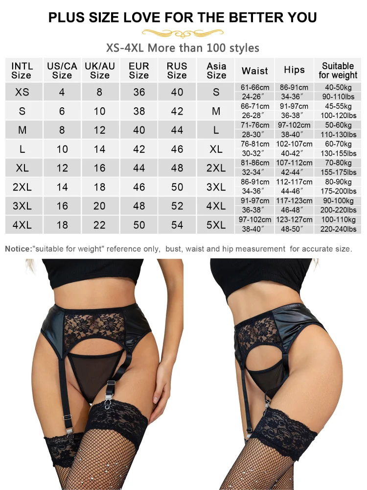 Comeondear Women Garter Belt Set Sexy Floral Lace Black Leather Suspenders With 4 Elastic Strap Plus Size Lingerie For Stockings