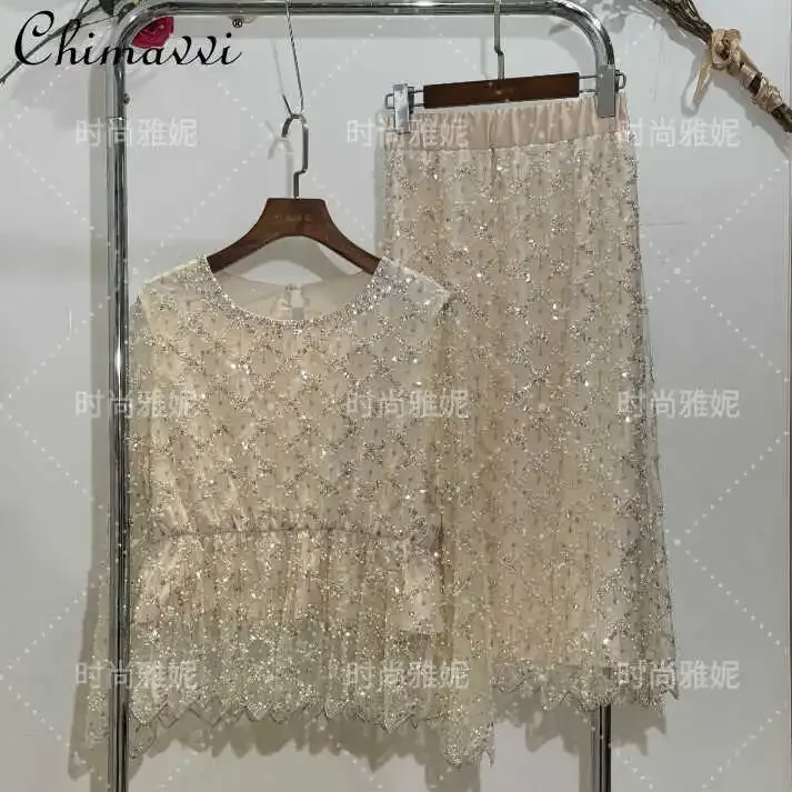 Lady Two Piece Sets Fashion Crew Neck Long Sleeve Top Beaded Sequins French Mid-length Lace Skirt Autumn New Women's Skirt Set