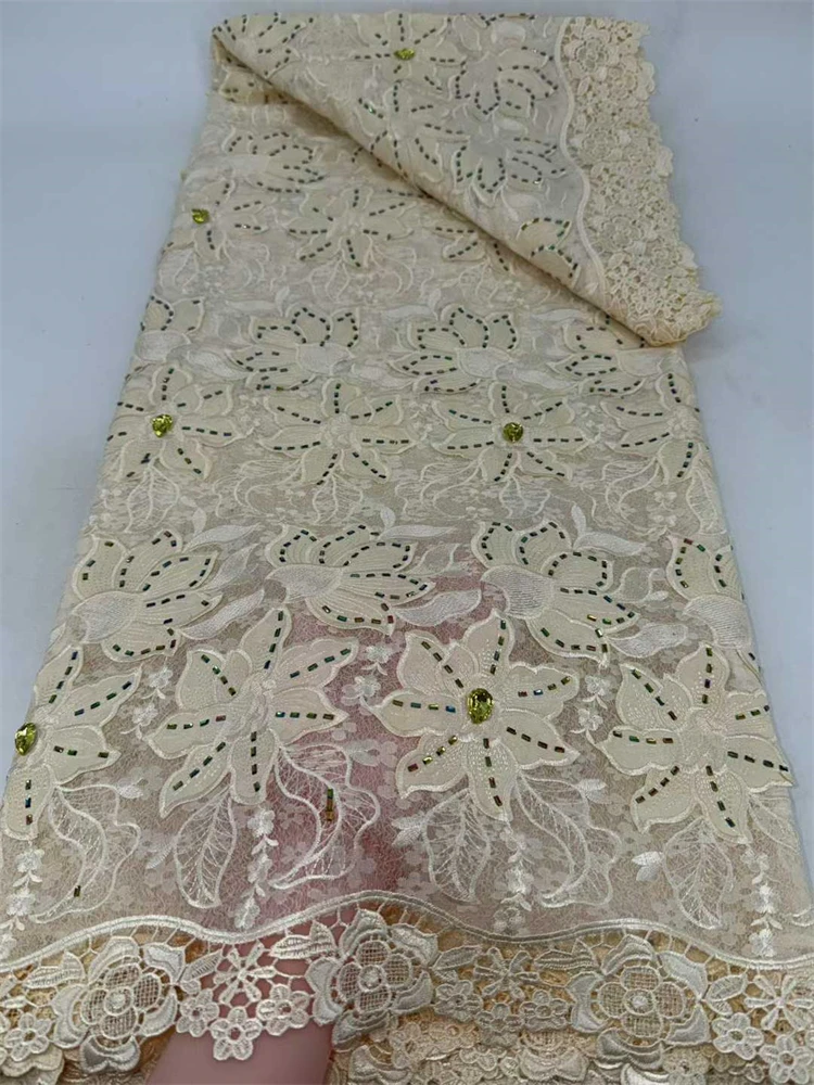 

Latest Stones African Yellow Cord Lace Fabric 2026 High Quality Nigerian Water Soluble Lace Fabrics For Party Dress Sewing 5Yard