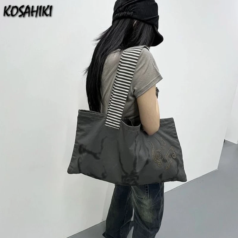 

Y2k Aesthetic Grunge Streetwear Shoulder Handbags Women All Match Vintage Underarm Bag High-capacity Harajuku Striped Tote Bags