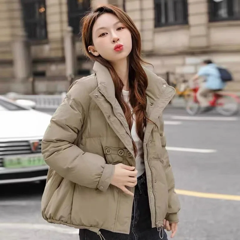 Puffer Coats with Stand-up Collar for Women, Thick Warm Down Jacket, Buttons, Casual Winter Coat, Female Fashion, New, 2024