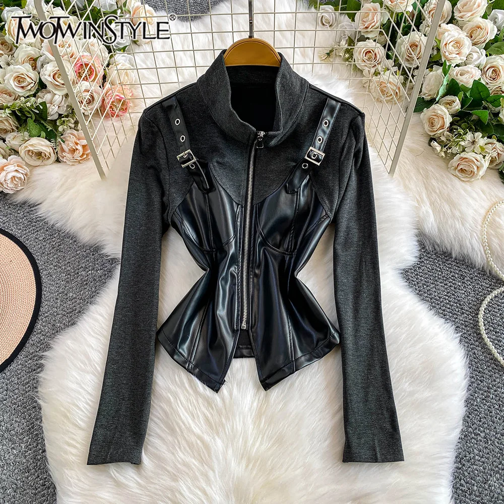 

TWOTWINSTYLE Designer Leather Jacket T Shirts For Women Stand Collar Long Sleeve Spliced Zipper Chic T Shirt Female KTS550044
