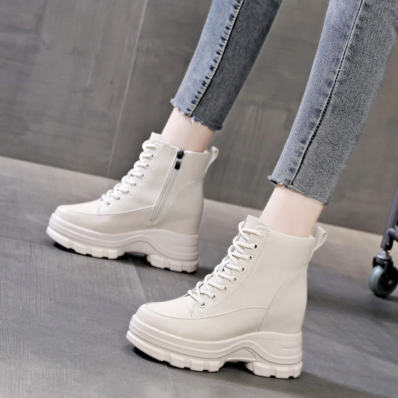 9cm Cow Black Leather Platform Wedge Shoes Autumn Pumps Women Lace-up Ankle Booties Spring Chunky Sneakers Mid Calf Winter Plush