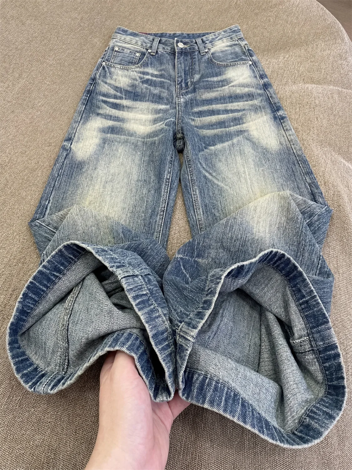 Calças Jeans Retrô Estilo Hong Kong com Lavagem à Água, Corte Reto, Unissex, Verão, Nova Tendência, Casual, Comprimento Total...