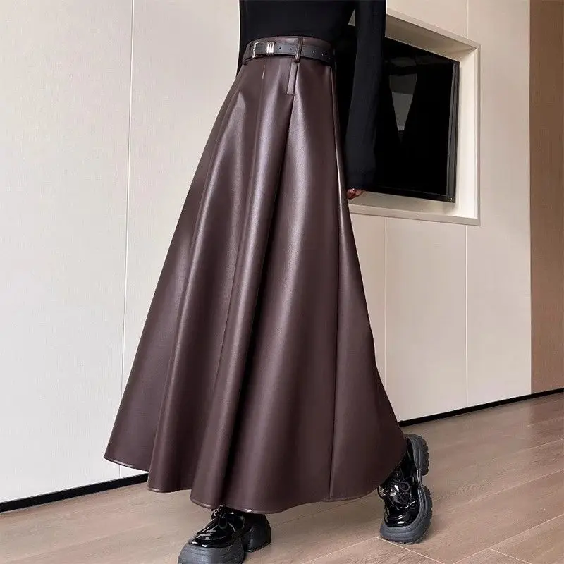 

Big Swing A-Shaped Dress Pleated Long Skirt Fall Winter French Leisure Retro Brown High Waist Slim Pu Leather Half Length Skirt