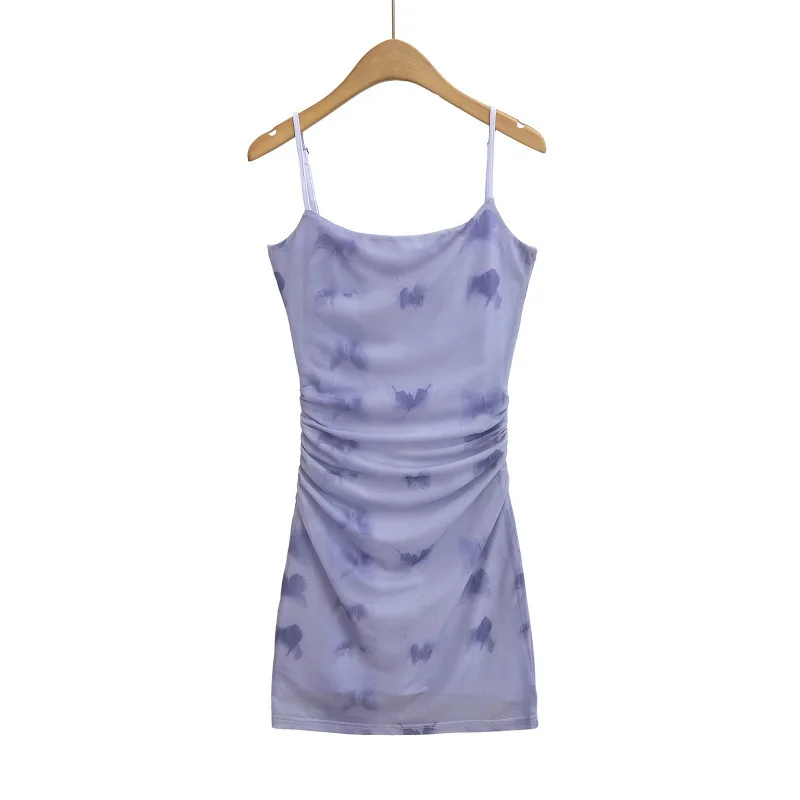 Sexy Short Mesh Print Halter Dress Pleated Waist Cinched Mini Skirt Trendy Polyester Spandex Blend Summer Hot Sale Of The Sea...