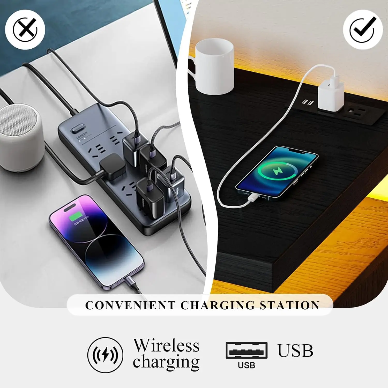 Armário de bar de café LED com estação de carregamento, aparador moderno preto para cozinha ou sala de jantar