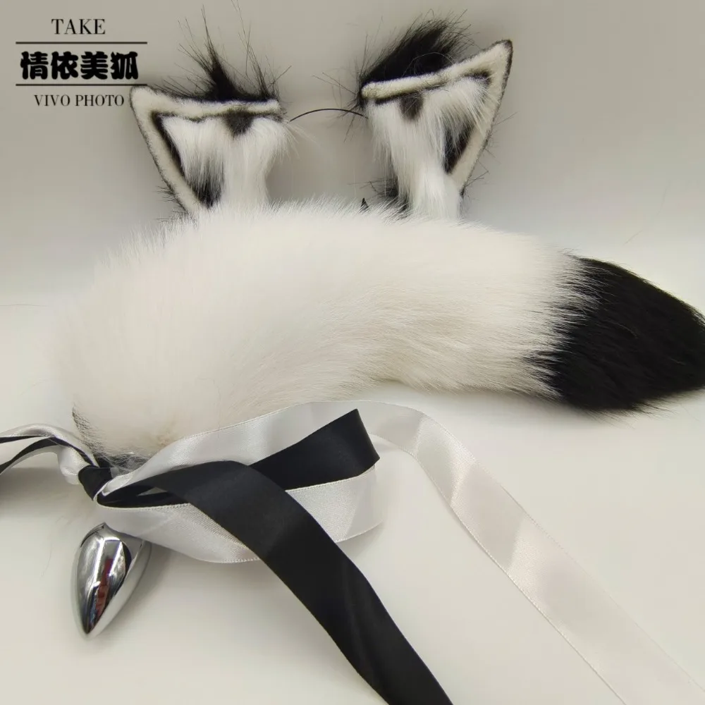 40cm Halloween Furry Animal Fox Ears Beast Ears Headband Demon Fox Tail Anime Cosplay Props Stuffed Costume Accessories 2Pcs/set
