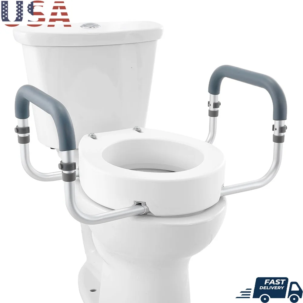 

Elevated Toilet Seat 3.5 Inch Height Increase Supports 300lbs with Aluminum Armrests Easy Installation Standard Round Toilets