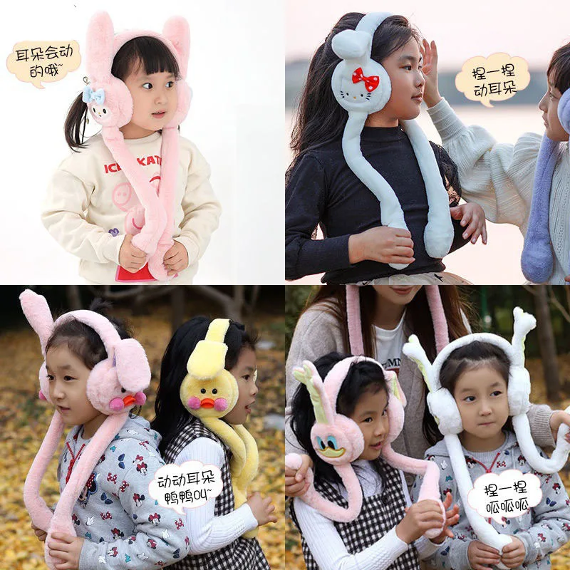 Kurimo Cinnamoroll Pikachu Earmuffs Rabbit Moving Ears Airbag Jumping Earmuff Warm Funny Toy Cap Plush Toy Headphones Kids Adult