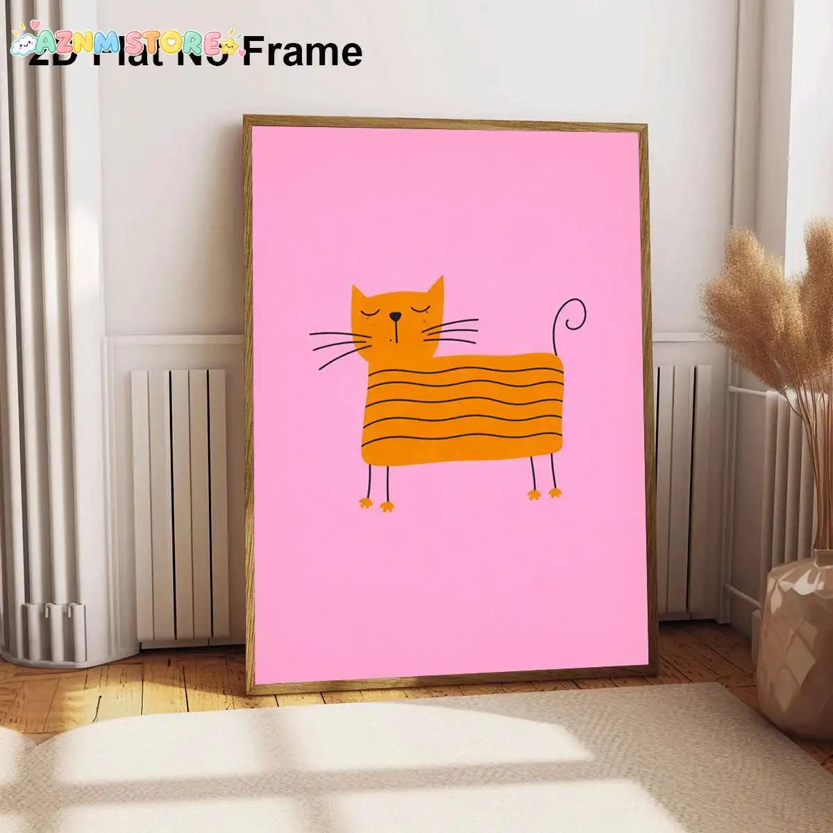 2027,1pc Frameless Canvas Poster, Cute Orange Cat with Black Stripes and Swirly Tail on Pink Background, Whimsical Animal Ill