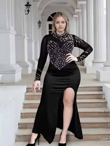 Plus Size Pearl Rhinestone Party Dress Female Diamond Sheer Mesh Evening Luxury Clothing 2025 Autumn Elegant Pretty Women Dress