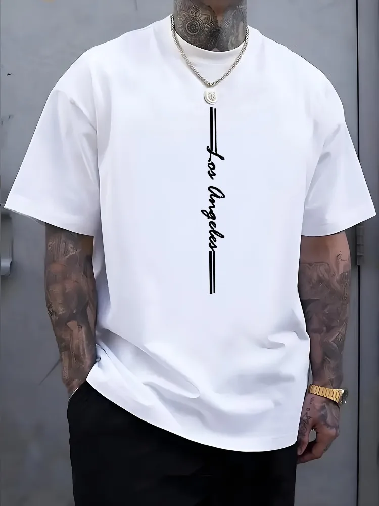 Mens Loose Cotton Tee Vertical Los Angeles Cursive Letter Minimal Line Print Casual Urban Male Short Sleeve Street Fashion Top