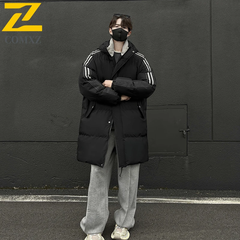 

2025 Winter Long Parka Men's Korean Retro Thick Warm Hooded Padded Jacket Male Leisure Cold-proof Cotton Padded Coat Men Puffer