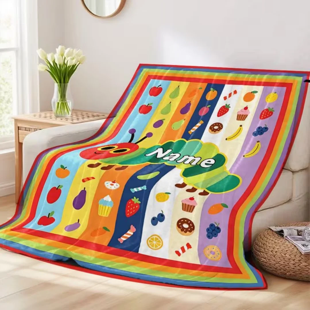 Personalized Cute Caterpillar Name Text Blanket, Soft Lightweight All Season Flannel Throw for Sofa Bed Camping Travel Office, C