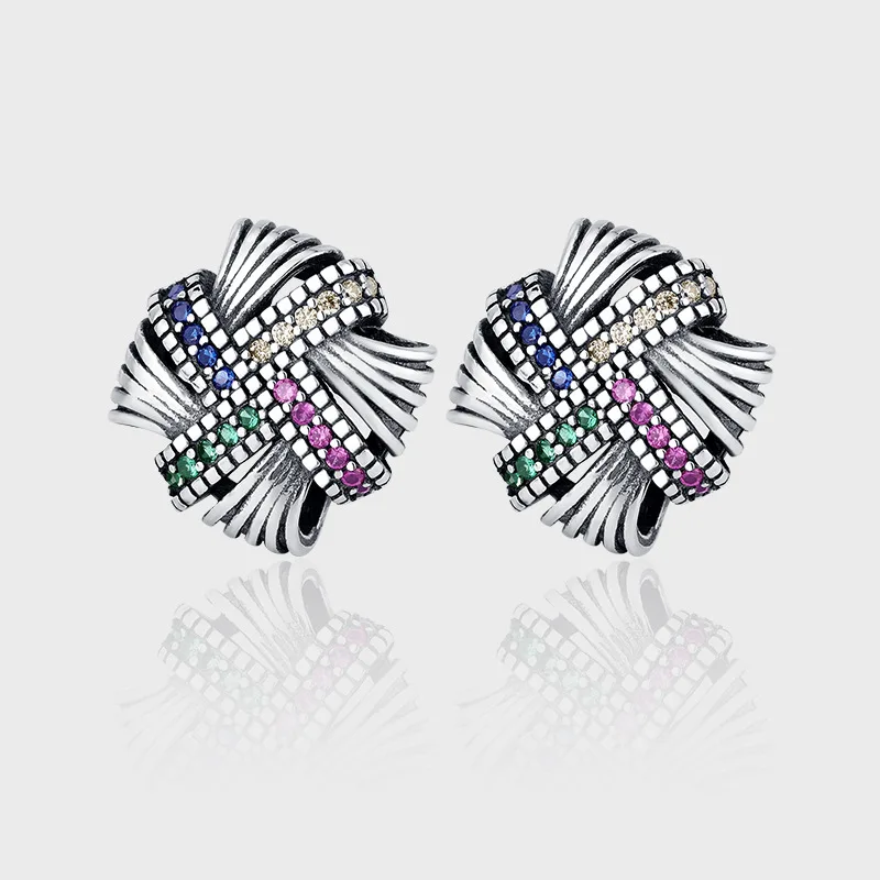 

Sterling Silver S925 Personalized Woven Colored Diamond Retro Stud Earrings, Classical Style Blue-green Women's Earrings, Daily