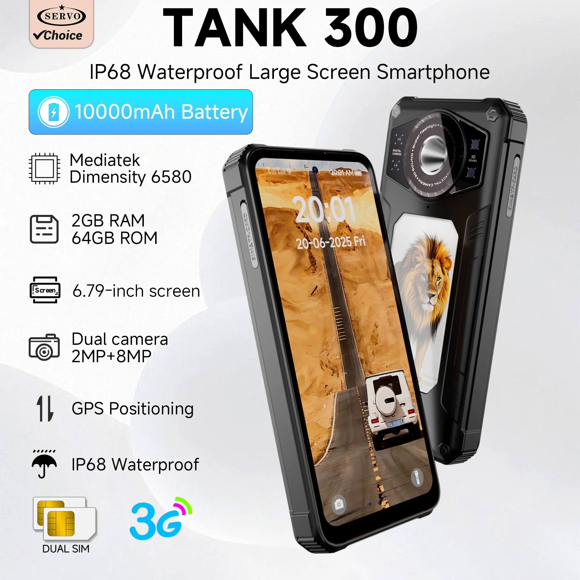 SERVO TANK300 3G 6.79-inch Large screen Smartphone 2 SIM Android System Camera Google Play 2GB+64GB Smart Mobile Phone 10000mAh
