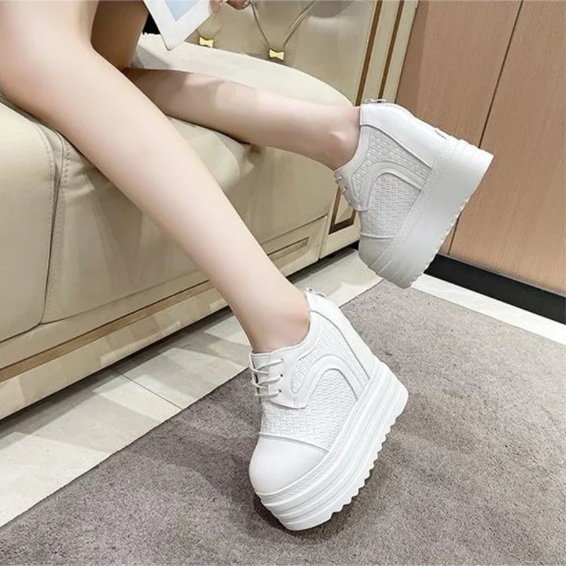 12CM White Trendy Shoes Women High Top Sneakers Women Platform Ankle Boots Basket Femme Chaussures Femmes Height Increase Shoes image 4