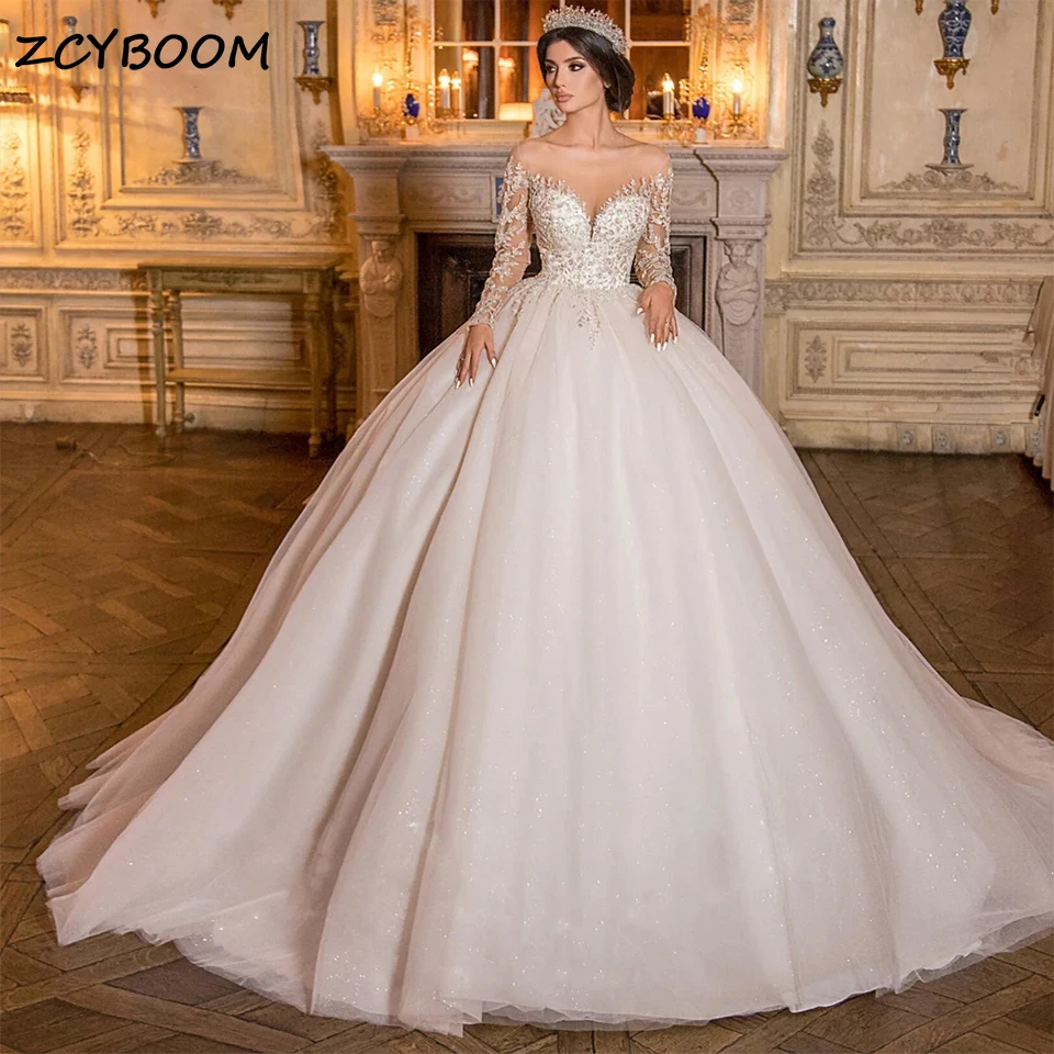 Luxury Beading Embroidery Lace Long Sleeves Ball Gown Wedding Dress 2026 Illusion Neck Court Train Bride Gowns Vestido De Noiva