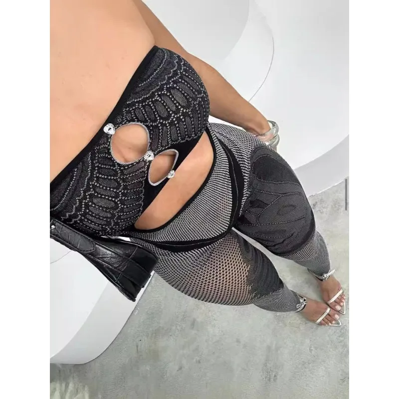 2024 Summer Sexy Strapless Patchwork Hollow Out Diamonds Skinny Jumpsuits Women Off Shoulder See Through Street Clubwear Rompers