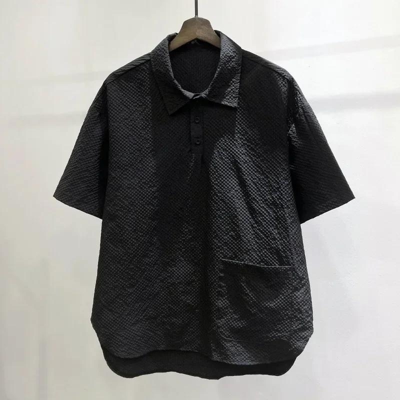 남성용 루즈 솔리드 격자 반팔 티셔츠, 폴로 시원하고 통기성 야외 상의, 땀 흡수 빈티지 티, 녹색 여름