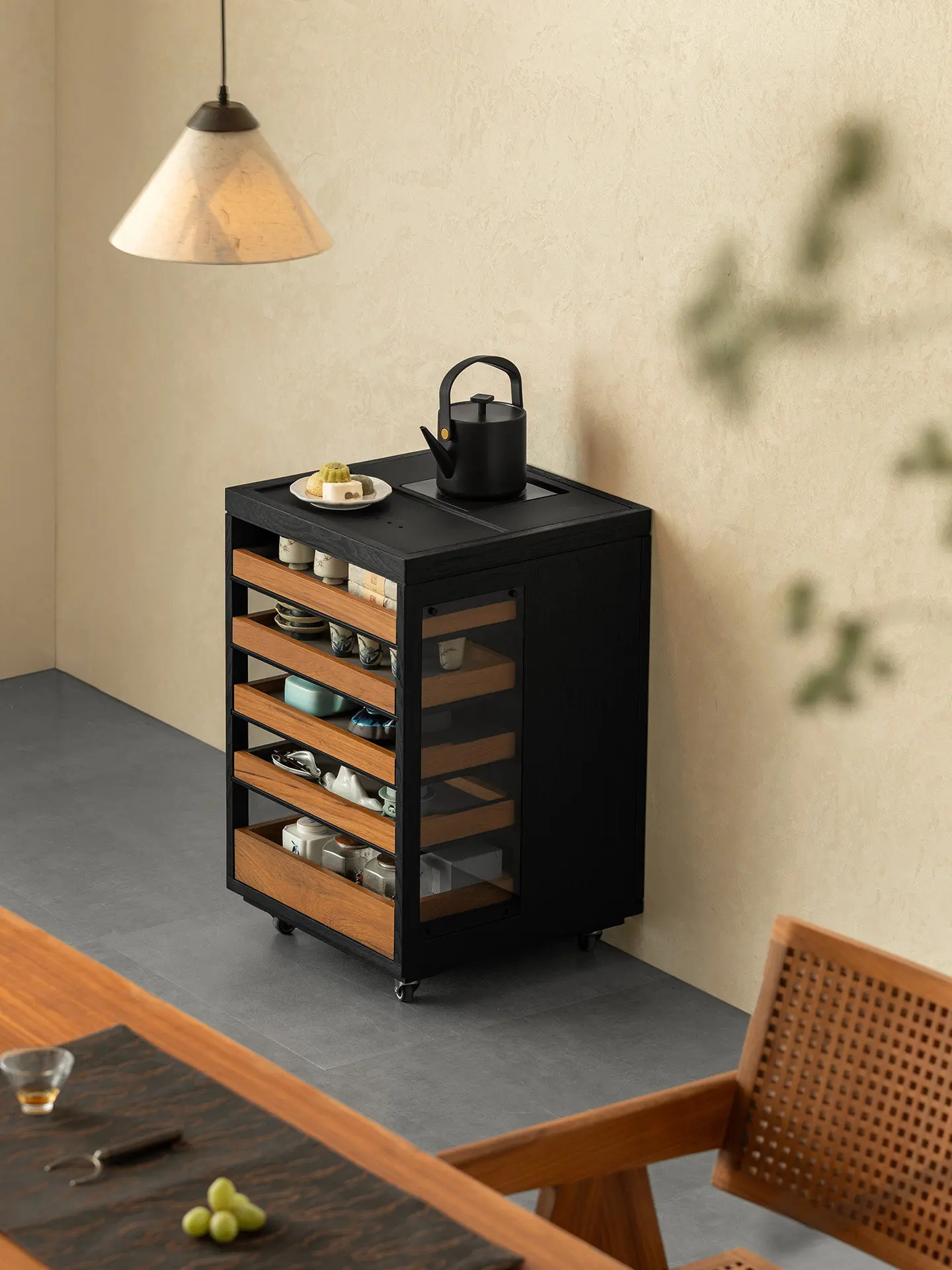 Tea cabinet Solid wood teak table Movable tea cart kettle Integrated side cabinet