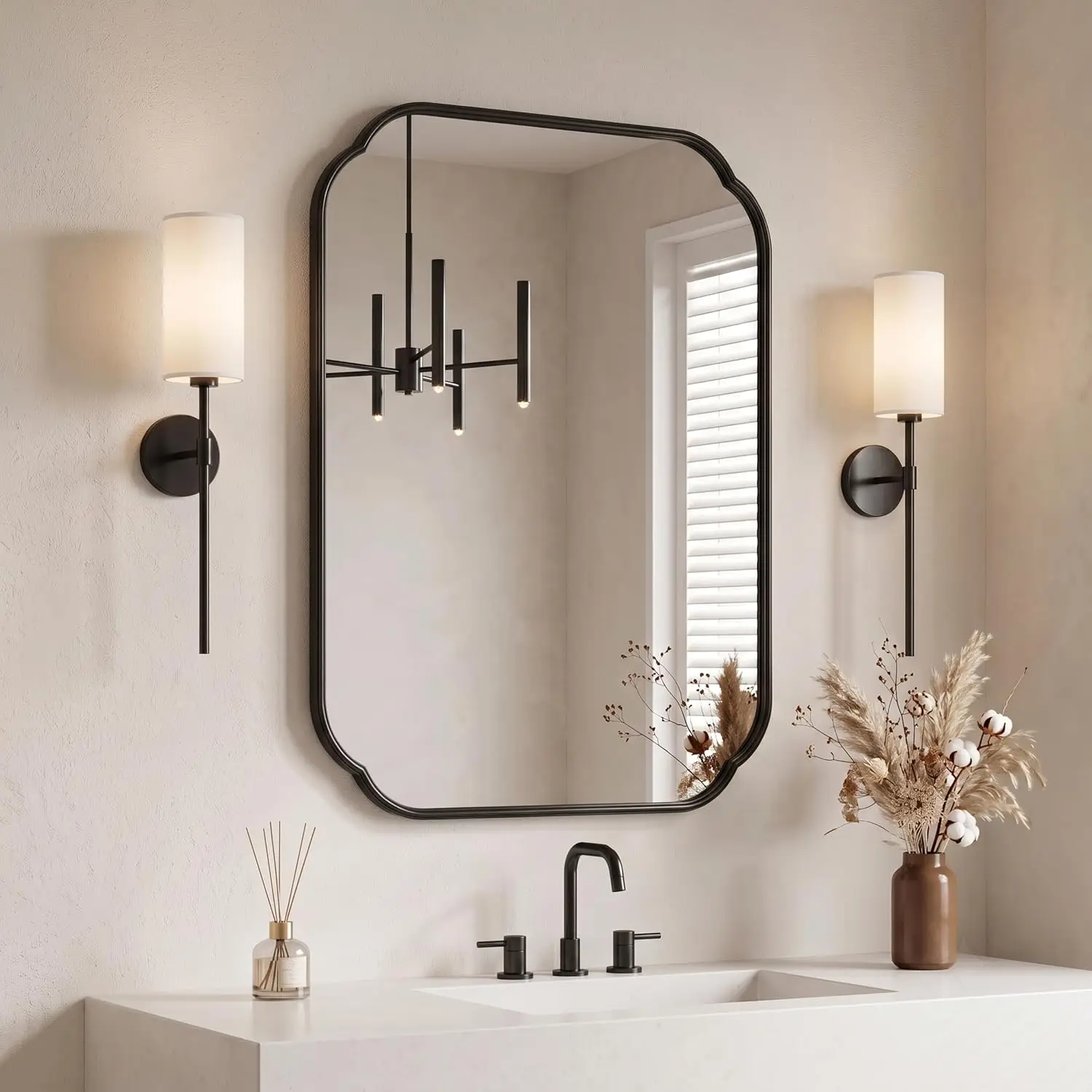 Black Scalloped 39x29 Bathroom Mirror Rust Proof Metal Frame Rounded Corner Rectangle Vanity Over Sink Living Room Bedroom Moder