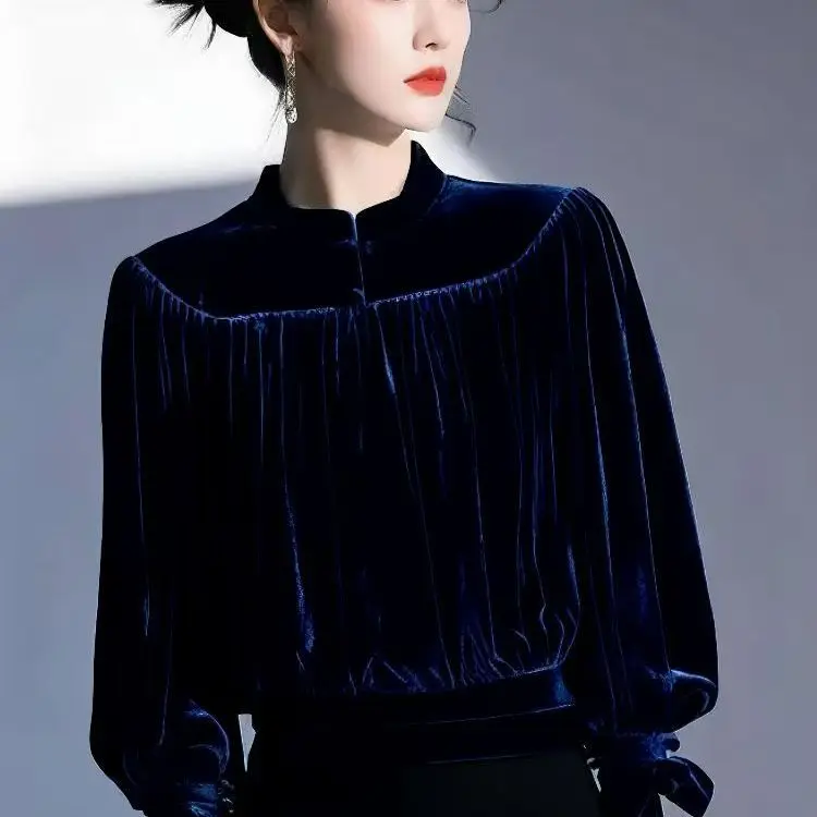 Long Sleeve Loose Fit round Neck Lantern Sleeve Top Women's Shirt Stand Collar Full Length Button up Spring Fashion TT268