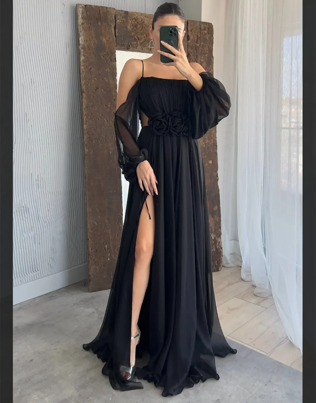 

Customized Elegant Long Pink Spaghetti Chiffon Evening Dresses With Hand Made Flower/Slit A-Line Pleated Prom Guest Dress For Wo