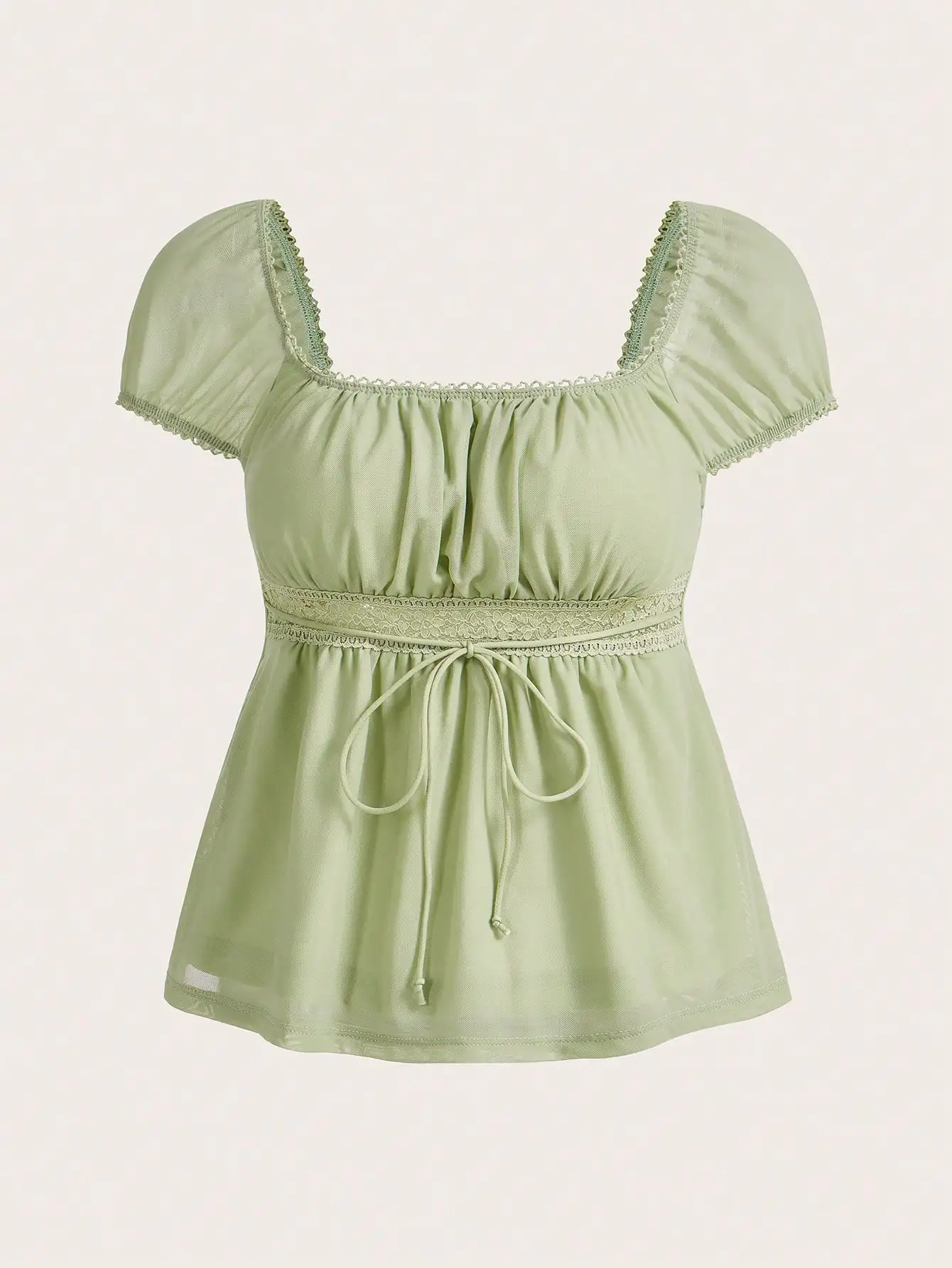 Summer Square Neck Knot Front Folds Peplum Green Bow Rope Tee