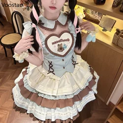 Japanese Sweet Lolita Set Women Kawaii Bow Cartoon Bear Shirt Top Cute Y2k Cake Mini Skirt Girls Harajuku Princess Dress Outfits