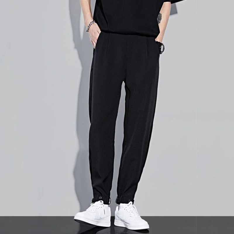 2023 Men's Clothing Pockets Spring Summer Solid Color Button Straight High Waist Loose Capable Handsome Temperament Casual Pants