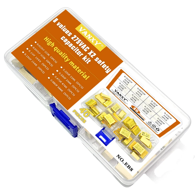8 values kit 275VAC Polypropylene film capacitor X2 0.022uF 0.047uF 0.1uF 0.15uF 0.22uF 0.33uF 0.47uF 0.68uF 100nf 220nf 470nf