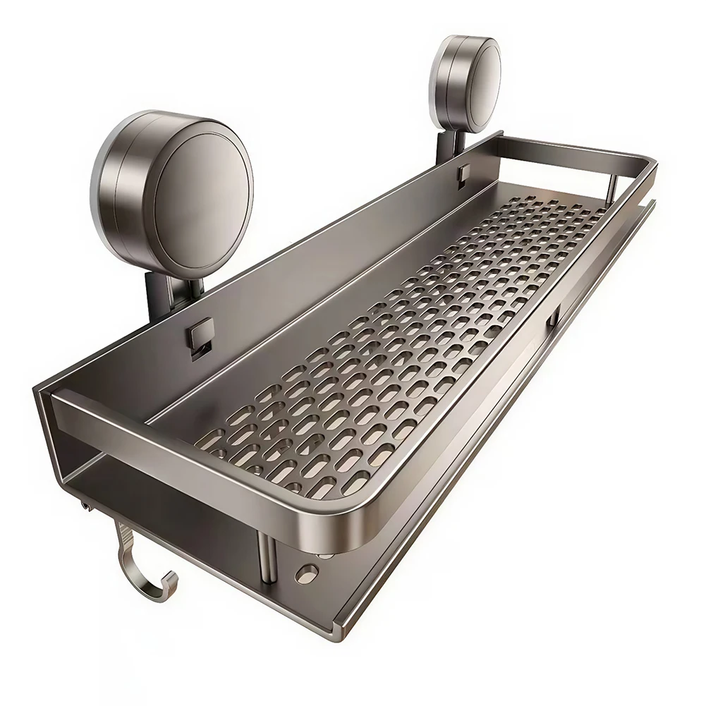 1 Stück Badezimmer-Organizer mit Saugnäpfen, Rostfreier Wandmontierter Duschablage mit Haken, Aluminium-Duschaufbewahrung für Nassbereiche