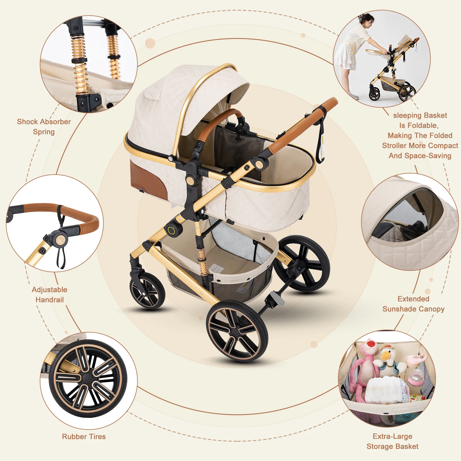 2 in 1 Baby Stroller Foldable Lightweight Carriage Reversible Bassinet Pram for Toddler Aluminum Frame for Infants and Newborns