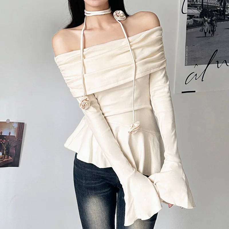 Nibber Solid Color Rose Elegant Gentle Feminine Mature All-Match Temperament Women\'S Thin Irregular Ruffled Off-Shoulder Top