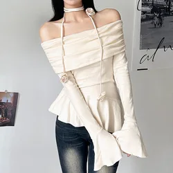 Nibber Solid Color Rose Elegant Gentle Feminine Mature All-Match Temperament Women'S Thin Irregular Ruffled Off-Shoulder Top