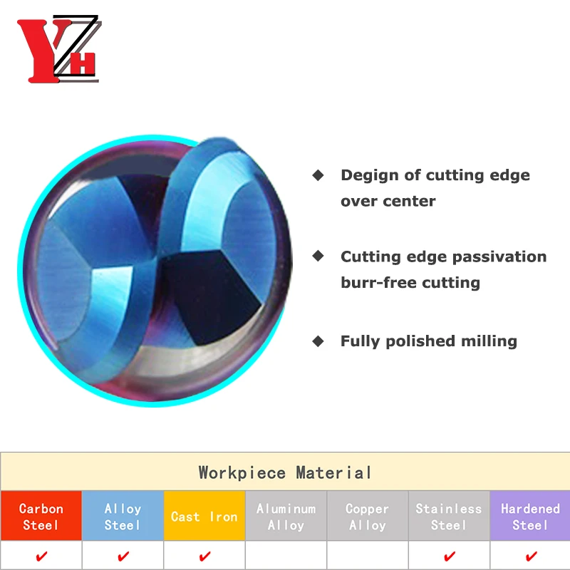 Final Nariz bola Moinho HRC65 2 Flauta Carboneto de Tungstênio CNC Cortador Bit R0.5 R0.75 R1 R1.25 R1.5 R1.75 R2 R3 R4 R5 R6 R7 R8 R9 R10