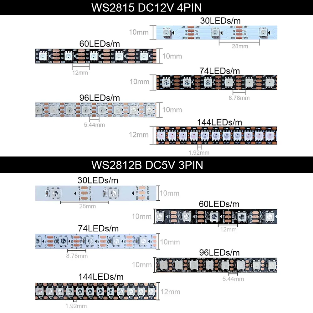 WS2815 WS2812B RGB 30/60/74/96/144Pixels/Leds/m Individually Addressable IC Smart LED Strip Light Black/White PCB IP30/IP65/IP67