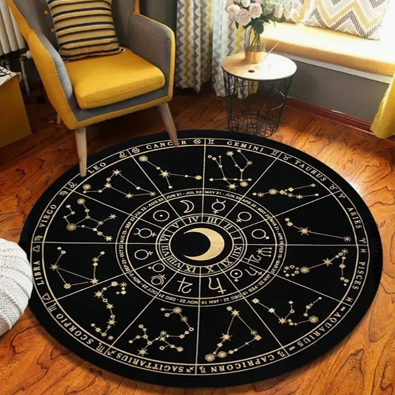 Tapis rond mystique d'astrologie, motif de constellations, tapis doux antidérapant, décoration de sol circulaire pour salon, chambre à coucher